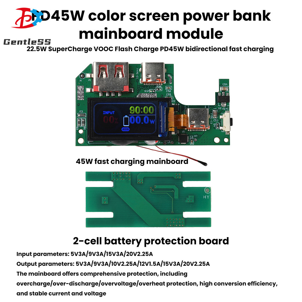 PD45W/PD65W Fast Charging โมดูล + 2S/3S แบตเตอรี่ป้องกันบอร์ด 0.96 นิ้ว TFT หน้าจอสีดิจิตอลโมดูลพลัง