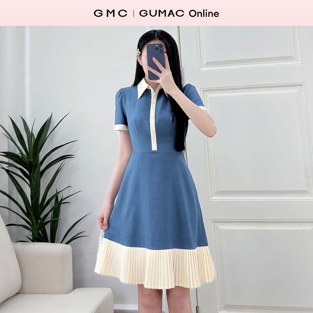 ชุดเดรสผู้หญิงคอปกกพร้อมเสื้ออัดพลีทสีเบจครีมและผ้ารัดแฟชั่น กumac LDF0616