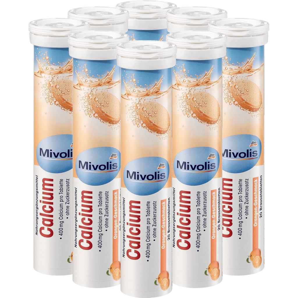 Mivolis แคลเซียมเม็ดฟู่-ผลิตภัณฑ์เสริมอาหาร 8 หลอด x 20 เม็ด | เยอรมนี