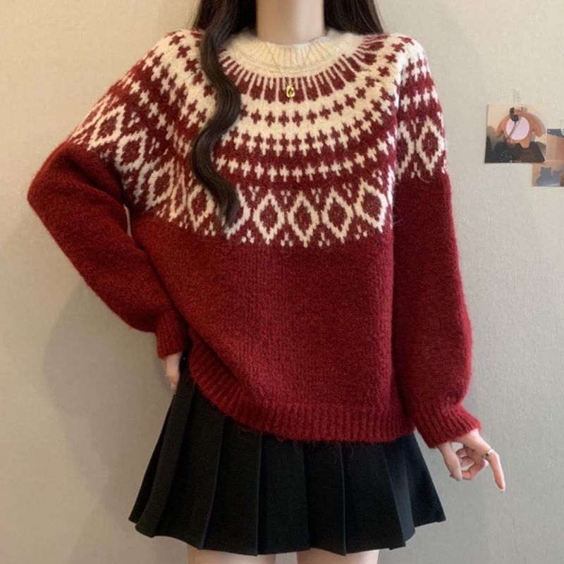 [Domi เสื้อผ้าผู้หญิง] Retro Jacquard สไตล์ขี้เกียจเสื้อกันหนาวสีดําผู้หญิงฤดูใบไม้ผลิฤดูใบไม้ร่วง A