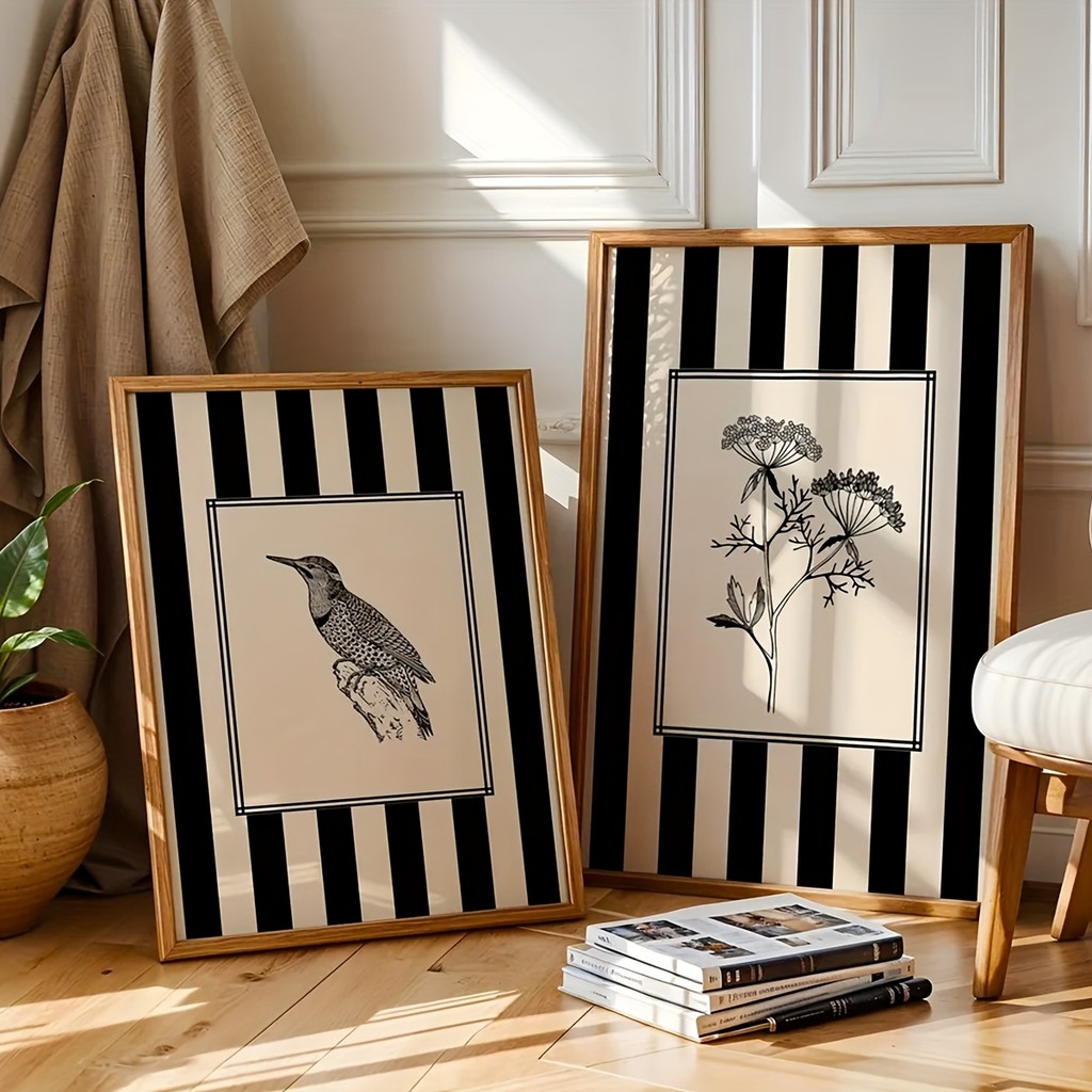 Black Bird & Floral Wall Art - Minimalist Nature Line Drawing Prints โปสเตอร์ผ้าใบสําหรับ Office & ตกแต่งห้องนอน