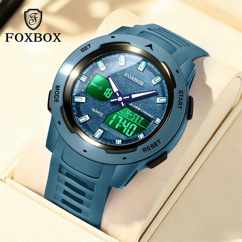 FOXBOX Mens Digital Analog Watch สายซิลิโคนสีฟ้า 30M กันน้ํา Luminous Dual Time Alarm Chronograph Sp