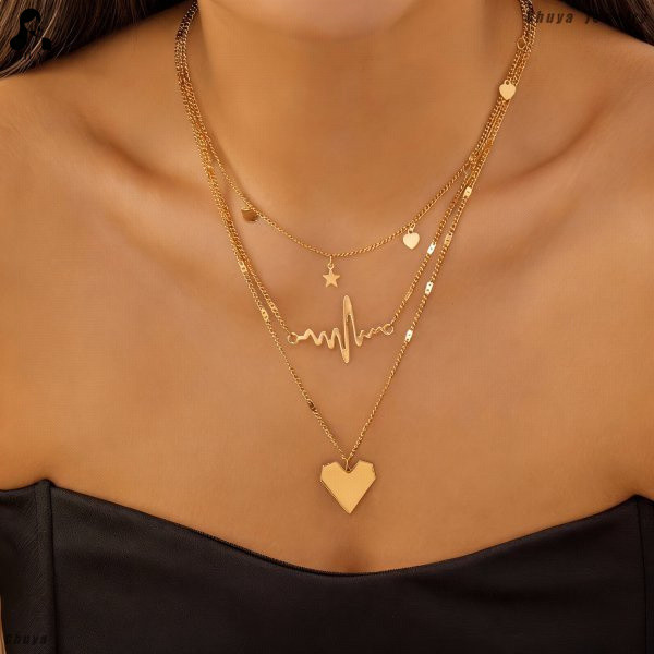 สร้อยคอลายMinimalist พร้อมลายหัวใจ/EKG/ดวงจันทร์/ดาว (3PCS Set) เหมาะสำหรับวันเดตและสวมใส่ทั่วไป