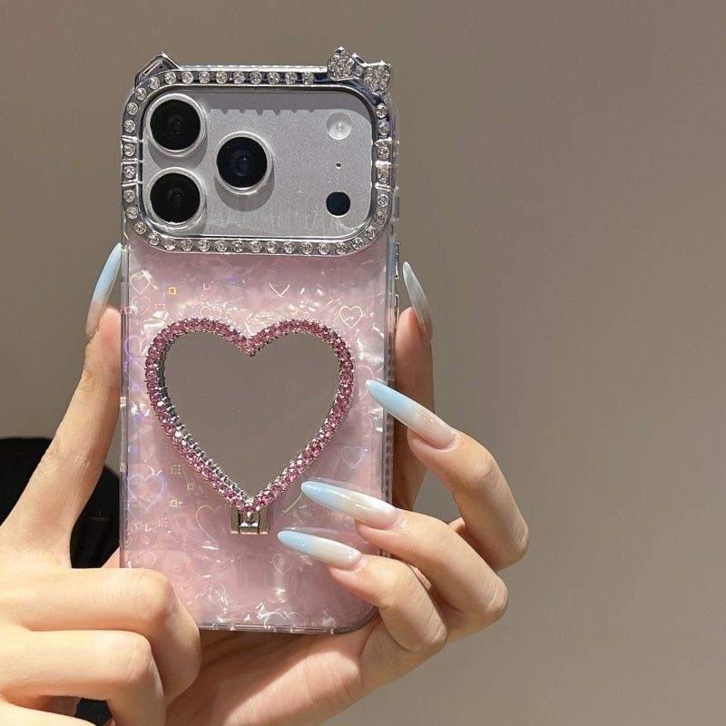 หูแมวกระจกหัวใจ 3D สําหรับ Iphone 17 16 15PROMAX 15 14promax 13 pro max 12 pro max 11 soft เคสโทรศัพท์