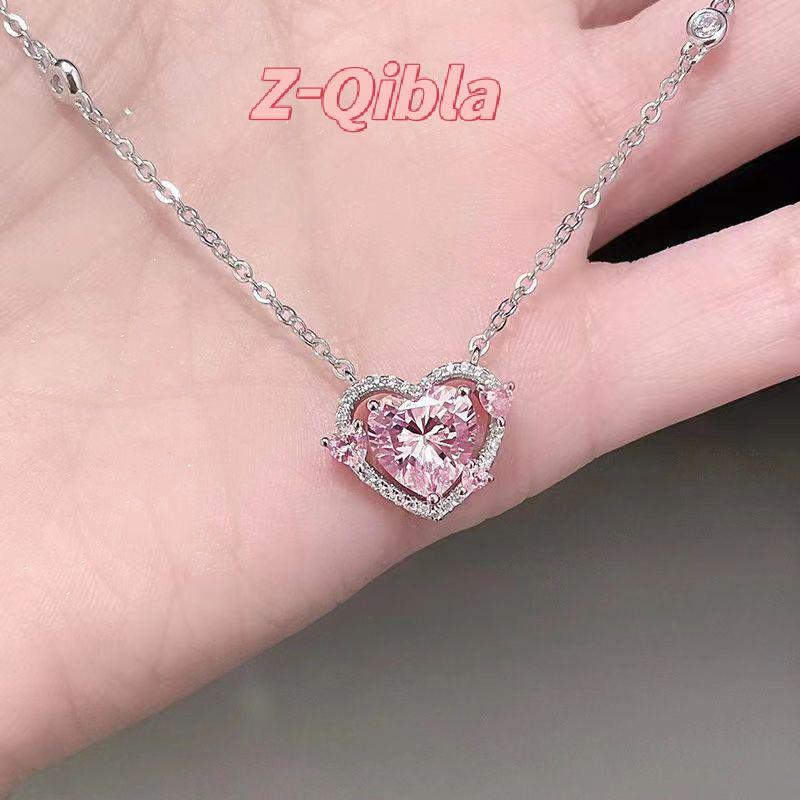 [Z-Qibla-t] คริสตัลเพทายจี้หัวใจ สีชมพูสุภาพสำหรับสตรี สร้อยคอคลาบิกเกิล ของขวัญแฟชันหรูหรา