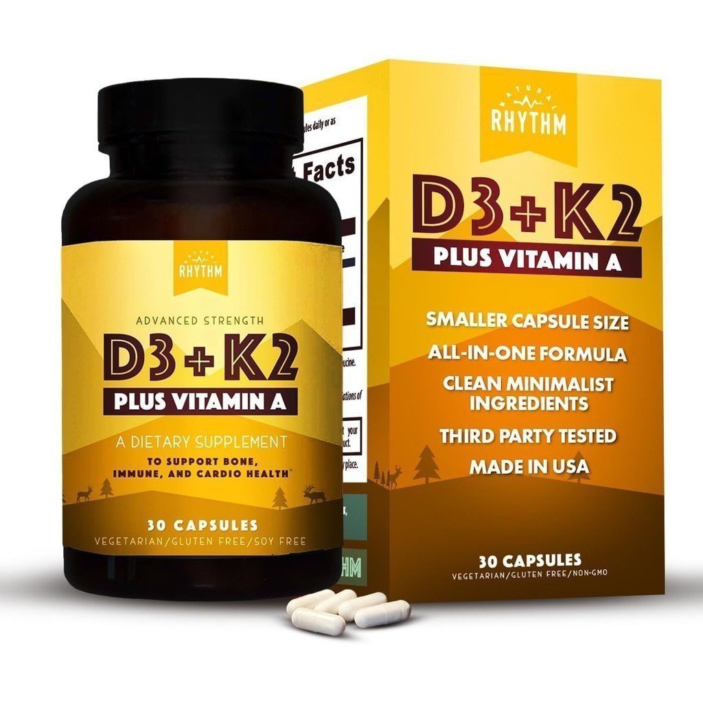 จังหวะธรรมชาติ วิตามิน D3 + K2 (MK7) Plus วิตามิน A สําหรับกระดูก หัวใจ & Immune Health 30 แคปซูล
