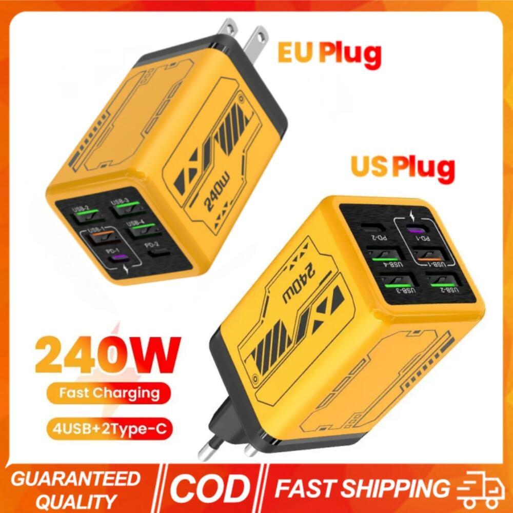 240W Ultra Fast Charger 6 พอร์ต 4USB + 2Type-C โทรศัพท์มือถือ Fast Charging USB-C QC 3.0 อะแดปเตอร์ Quick Charge EU/US Plug Wall Charger