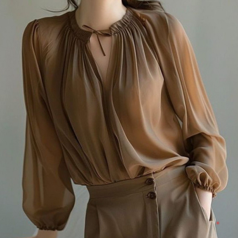 เสื้อเชิ้ต 여성 คอระบายชีฟองสีน้ําตาลแขนยาวหลวมสไตล์เกาหลี สำหรับสวมใส่งานลำลองและงานเรียบร้อย