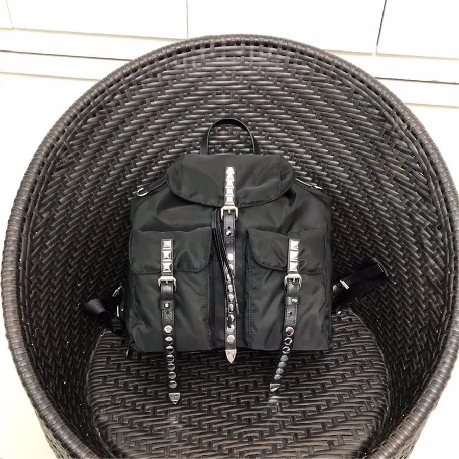 PRADA New Style Backpack Rivets Black Nylon Backpack 1BZ811
