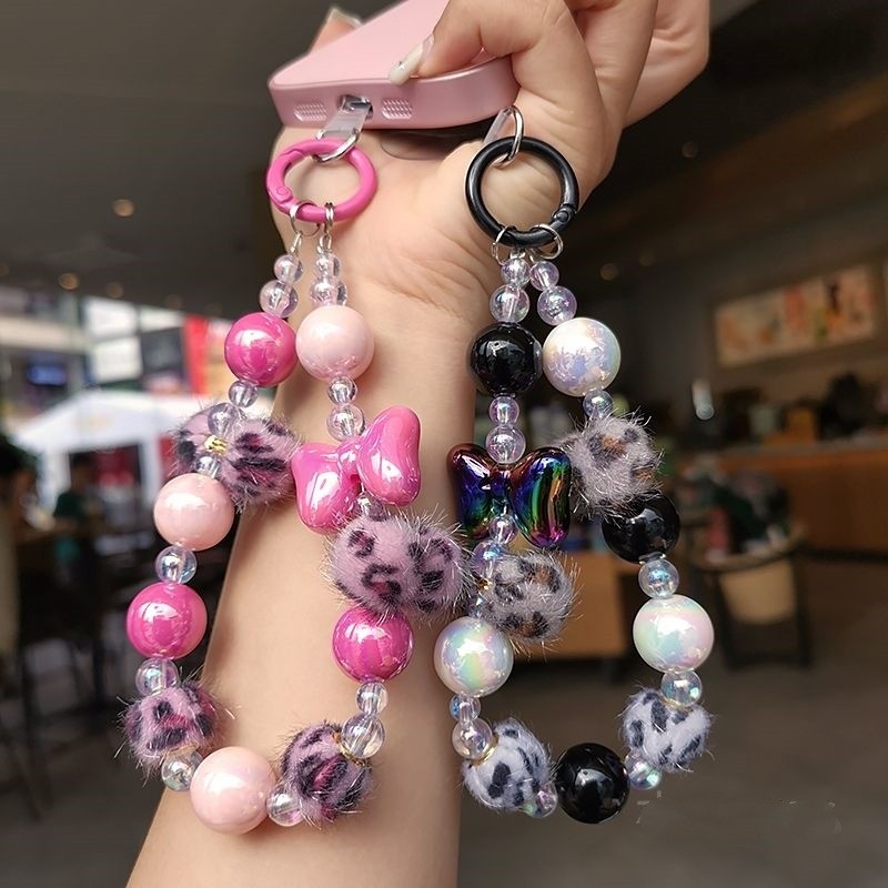 เสือดาวพิมพ์ ins Fur Ball Bow Beaded Short Chain เคสโทรศัพท์ Lanyard เครื่องประดับ