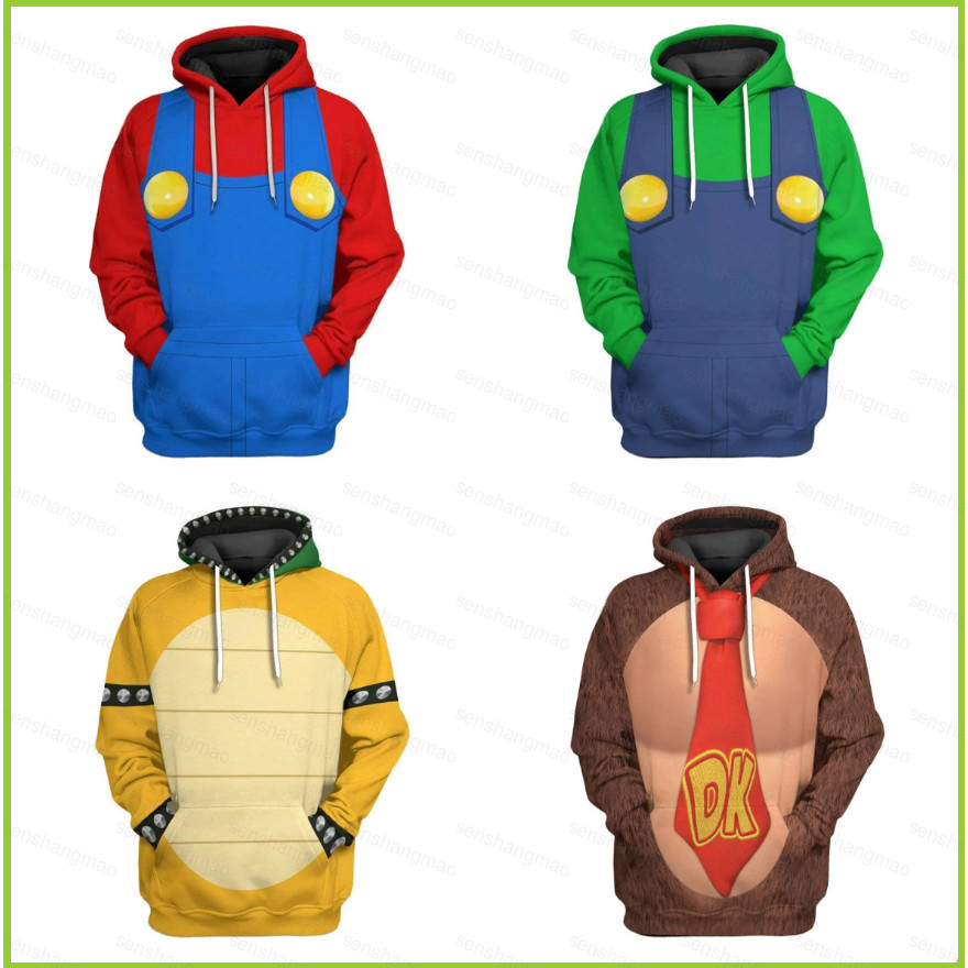 PS2 Super Mario Bros 3D Hoodie แขนยาว Unisex ผู้ใหญ่คอสเพลย์ Luigi Kuba Fire Dragon Top Casual เสื้อ