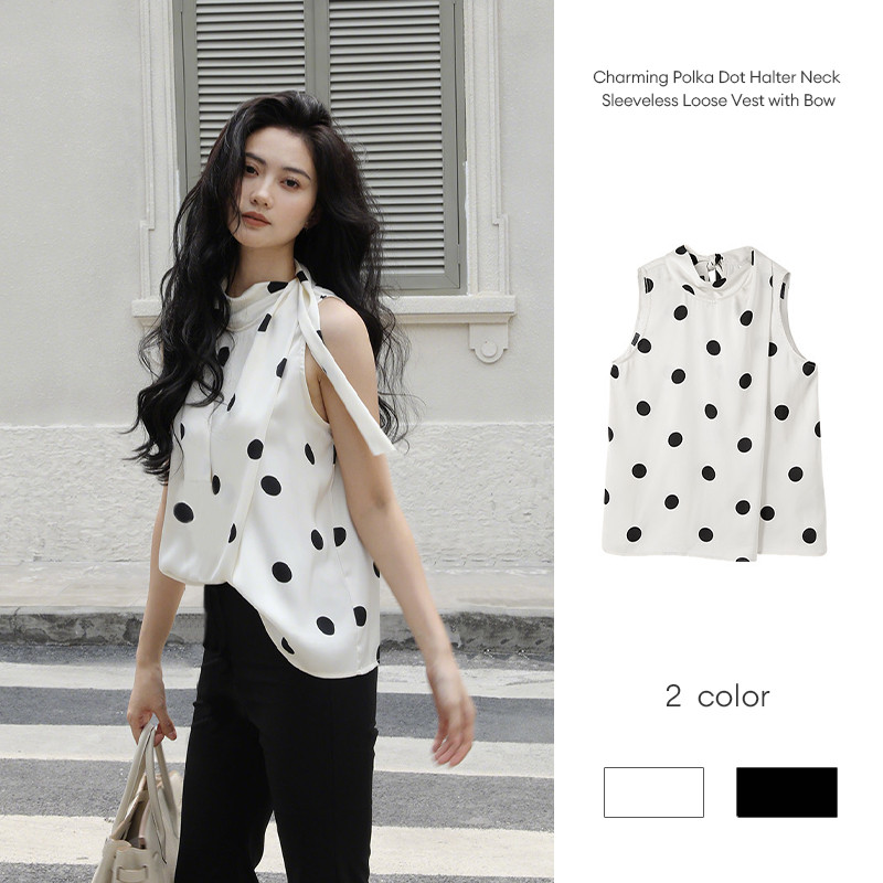 เสื้อกั๊กแขนกุดคอคล้องคอแบบหลวมๆ สไตล์ฝรั่งเศสสุดเก๋ ลายจุด พร้อมโบว์ผูก JD