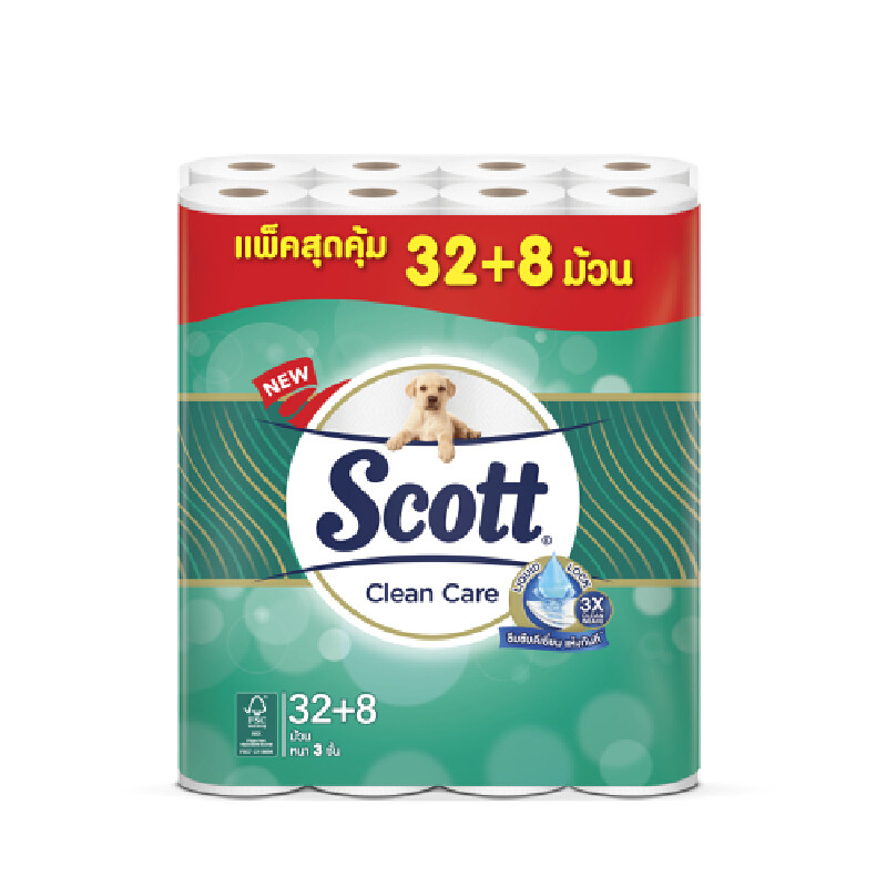 SCOTT กระดาษชำระ หนา 3 ชั้น รุ่น clean care (แพ็ค 32+8 ม้วน)