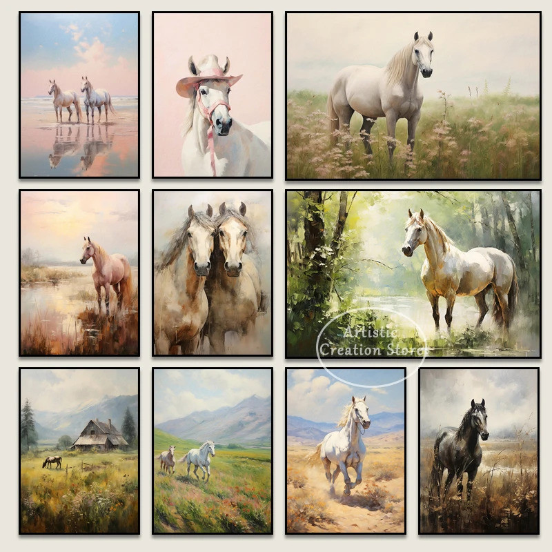Neutral Horse Art โปสเตอร์ Vintage Horse ภูมิทัศน์พิมพ์ผ้าใบภาพวาดภาพผนังห้องนั่งเล่น Country Wall Home Decor ของขวัญ