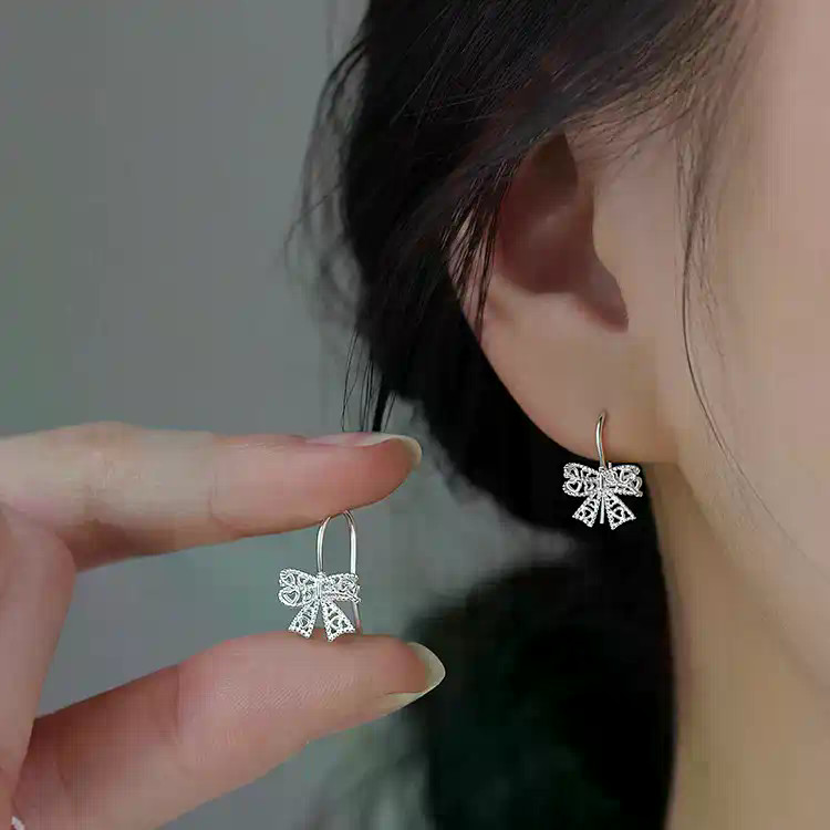 ต่างหูแฟชั่น ต่างหู ต่างหูโบว์ทรงกลวง สterling silver 925 คุณภาพพรีเมียม ออกแบบหรูหรา