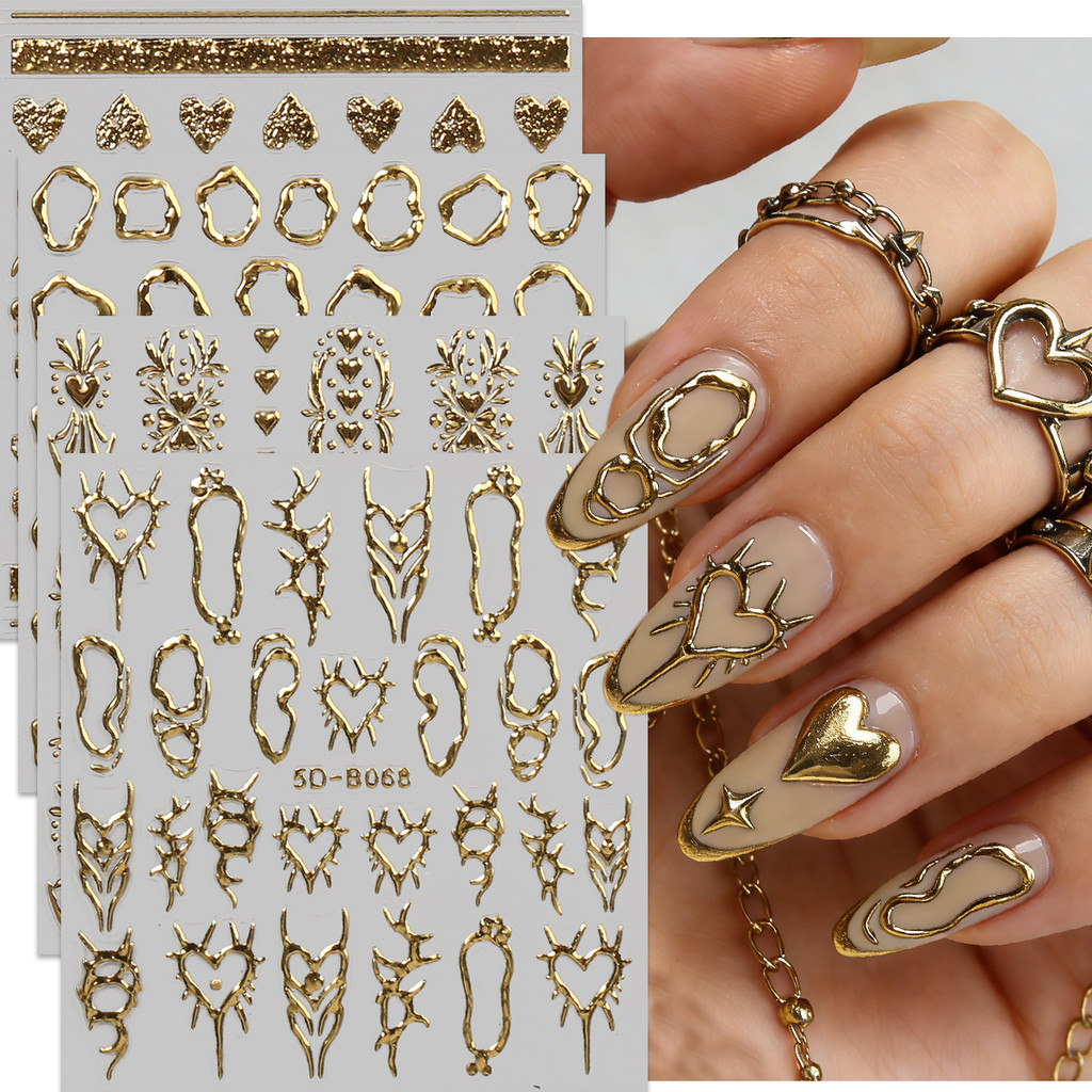 HAMA NAIL 5D นูนสติกเกอร์เล็บขายส่ง - Retro Heart, ไม่สม่ําเสมอเส้น, รูปเรขาคณิต, หรูหราโลหะตกแต่งเล็บสติกเกอร์สําหรับเจ้าสาวและงานแต่งงาน