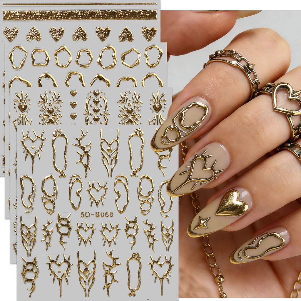 HAMA NAIL 5D นูนสติกเกอร์เล็บขายส่ง - Retro Heart, ไม่สม่ําเสมอเส้น, รูปเรขาคณิต, หรูหราโลหะตกแต่งเล็บสติกเกอร์สําหรับเจ้าสาวและงานแต่งงาน