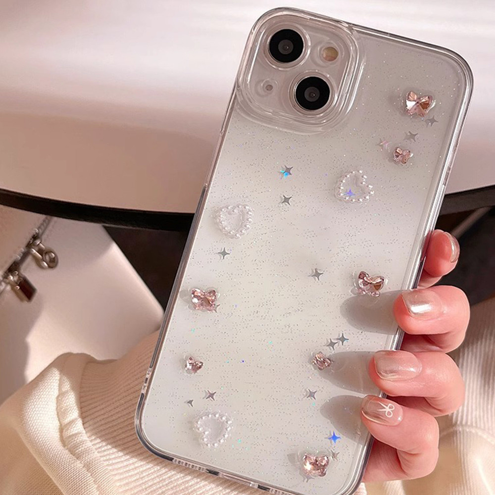 Girly 3D หัวใจ Pearl Diamond Glitter เคสโทรศัพท์สําหรับ IPhone 17 16 15 11 13 14 Pro Max 12 15 Promax XS MAX XR 7 8plus Clear Anit-drop โทรศัพท์นุ่มปกหลัง