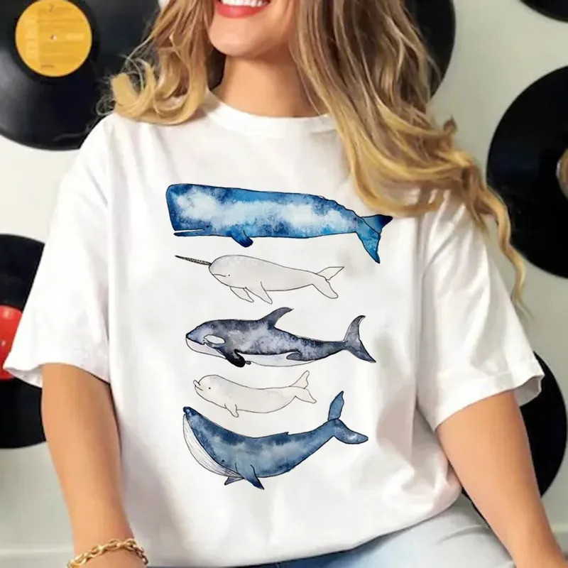 Whale t-shirts women summer streetwear Y2K Tee female comic manga clothing