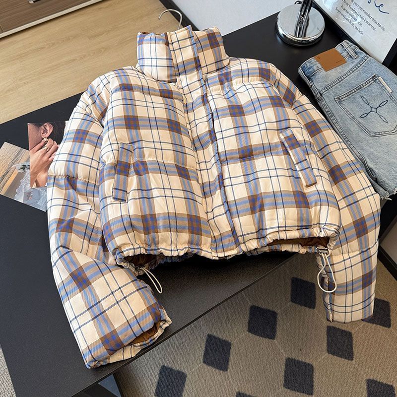 เสื้อแจ็คเก็ตผ้าฝ้ายสำหรับผู้หญิง สไตล์ขี้เกียจ ลายสก๊อต ทรงหลวม ปกสั้น ไซส์ใหญ่