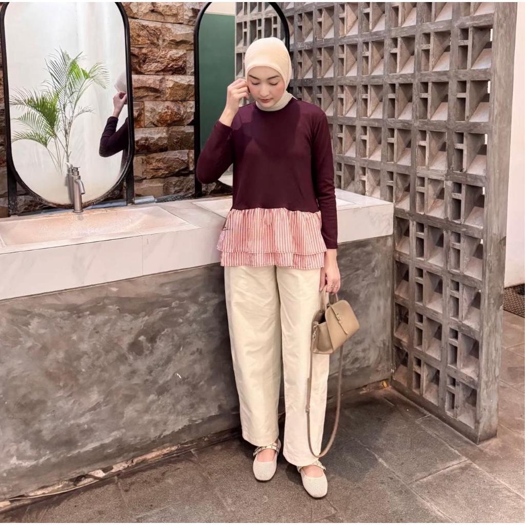 ORTWO - ZJD BLOUSE STARA Womens Striped Knit Combi Shirt Ruffle Elegant Cool / AMANDA Blouse / CUTE 