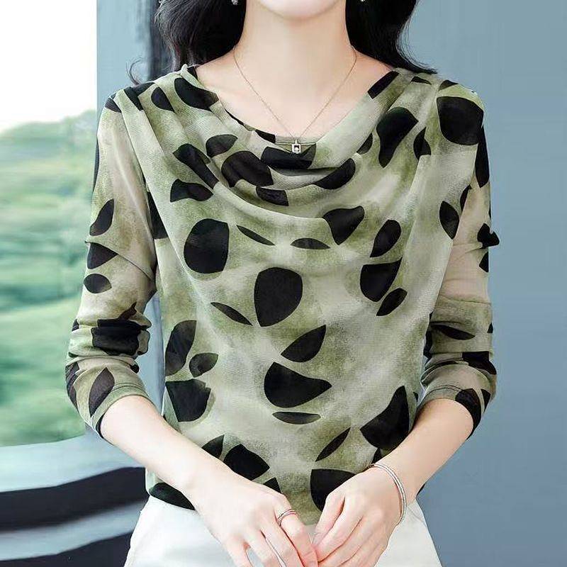 Fashion Design Sense Pile Collar Mesh Bottoming Shirt Women's Autumn New Western Style All-Matching 