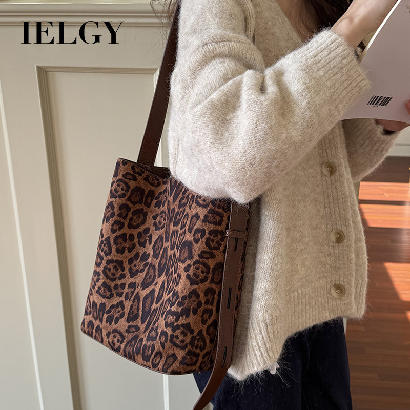 IELGY Ladies Tote Bag Suede Suede Retro Leopard Print Bucket Bag