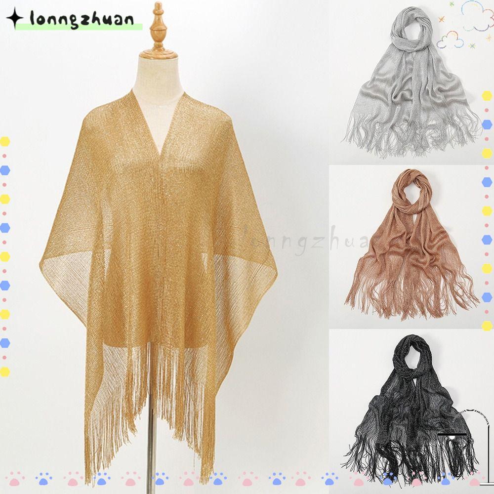 LONNGZHUAN ผ้าพันคอกลางแจ้งสำหรับผู้หญิง ดีไซน์พู่เงินสีทอง ป้องกันแสงแดดในฤดูร้อน