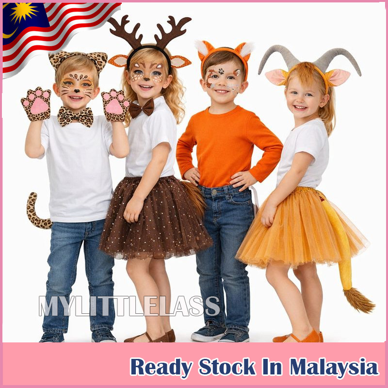 MYLITTLELASS ที่คาดผมสัตว์สําหรับเด็ก, ชุดเครื่องแต่งกายกระโปรง Leopard Deer Fox Goat Dress Up Outfi