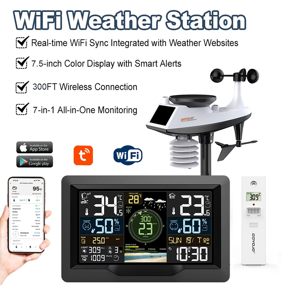GOYOJO สถานีอากาศไร้สาย 7-in-1 พร้อม WiFi Sync พลังงานแสงอาทิตย์เซ็นเซอร์กลางแจ้งอุณหภูมิแบบเรียลไทม์/ความชื้น/ลม/ฝน/ความดันสําหรับบ้าน