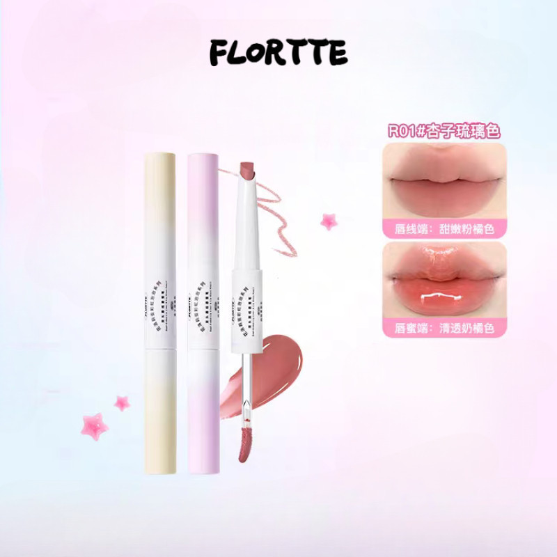 FLORTTE Rainbow Bubble Series Double Head Lip Gloss Lip Liner ปากกาปากสีแดงผู้หญิง Brighten Color Contouring Lip Liner Lip แต่งหน้า