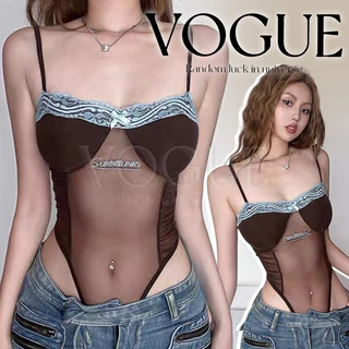 Vogue🌟พร้อมส่ง🌟 เสื้อบอดี้สูทสายเดี่ยว ผ้าซีทรู ดีเทลลูกไม้สีฟ้า สกรีนตัวหนังสือ (FY726)