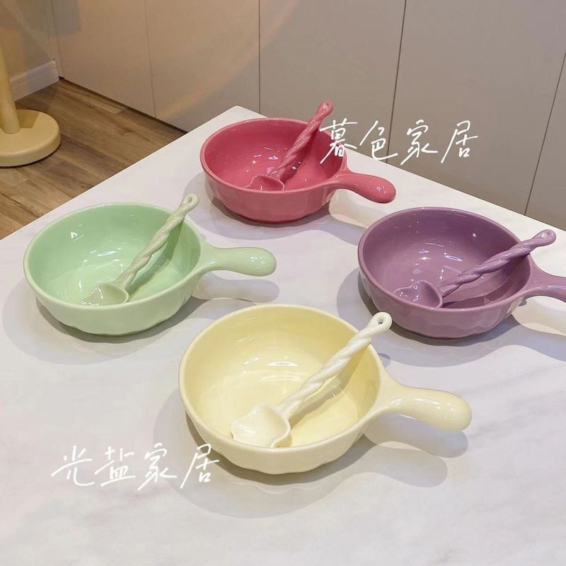 Fufu奶油色餐具陶瓷手柄勺家用一人食奶油泡面饭碗套装H2.3Fufu Cream Color Tableware Ceramic Handle Spoon Household One Person 
