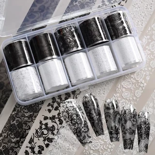 AMOR12U7 ฟอยล์,ลายสีดําสีขาวสติ๊กเกอร์ติดเล็บ,แฟชั่นลูกไม้ออกแบบเลื่อมผลเสือดาวพิมพ์สติ๊กเกอร์ติดเล็บตกแต่งเล็บ