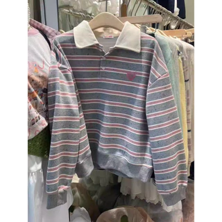 Solovely โอเวอร์ไซซ์ เสื้อสเวตเตอร์ ผู้หญิง สไตล์เกาหลี ปักลาย แขนยาว ลายทาง เสื้อ