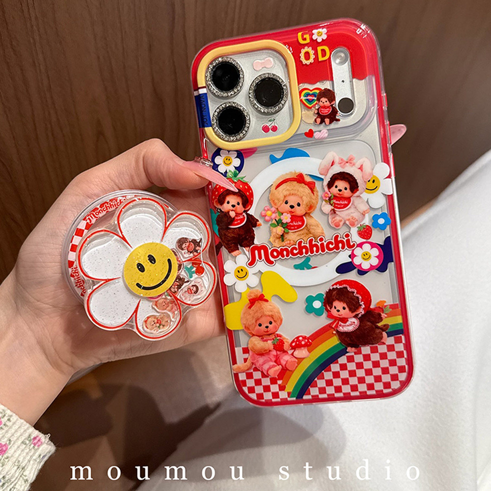 เคส Iphone พรีเมี่ยมเคสแม่เหล็ก Iphone 17 Pro Max น่ารัก Monchhichi Magnetic Phone Holder Case Iphone 14 Pro Max Bracelet Case 2 IN1 ที่ถอดออกได้สําหรับ iPhone 17 16 15 13 Pro Max