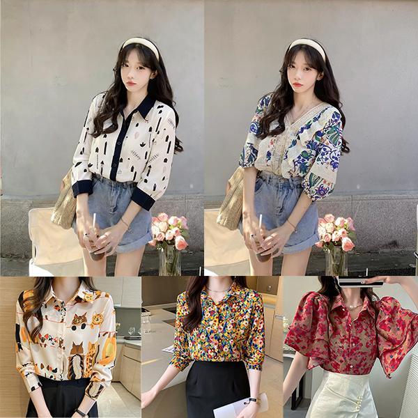Red Berry เสื้อเชิ้ตพิมพ์ลายสไตล์ฝรั่งเศสสำหรับผู้หญิง ทรงหลวม ใส่สบาย เหมาะสำหรับฤดูใบไม้ผลิ H3