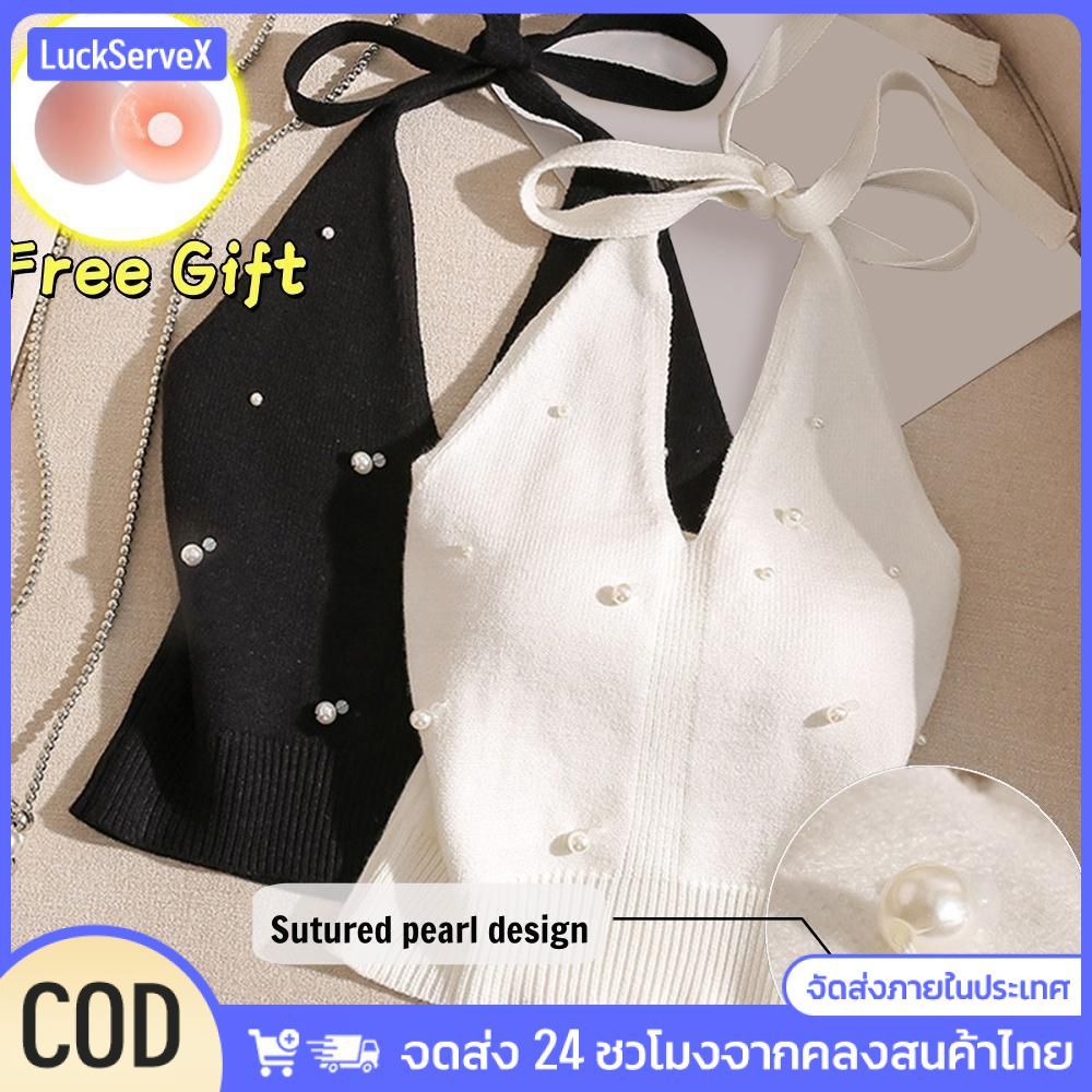 【ของแถมฟรี】เสื้อครอปแขนกุดคอวีถักสำหรับผู้หญิง ดีไซน์สวยงามด้านหลังสีพื้น สวมใส่สบาย นุ่มสบายผิว เสื้อครอปลำลองแฟชั่นสีดำขาว 【LuckServeX】 ราคาถูก Shopee Lazada