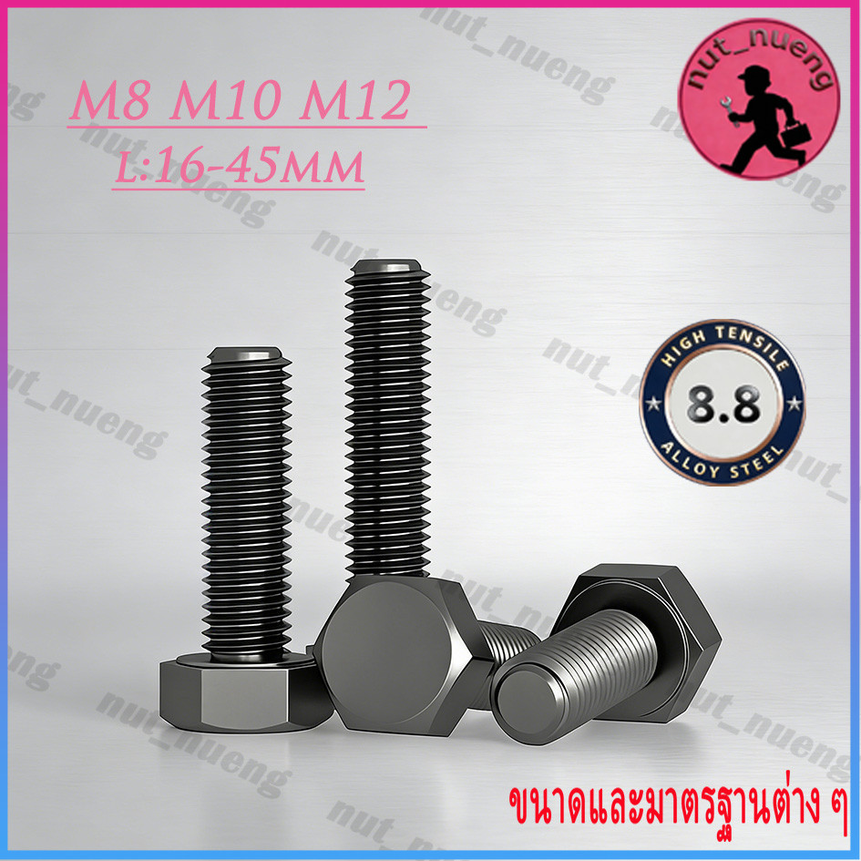หัวหกเหลี่ยม ชุบดำ 8.8 เกลียวมิล ตลอด เกลียวละเอียด น็อต สกรู/ Grade8.8 Hexagon Head Screw Bolt Full