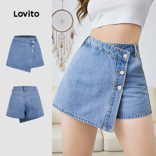 Lovito  กางเกงขาสั้นเดนิมลําลองแบบพันเอว 2-in-1 สีฟ้าเดนิม ส…