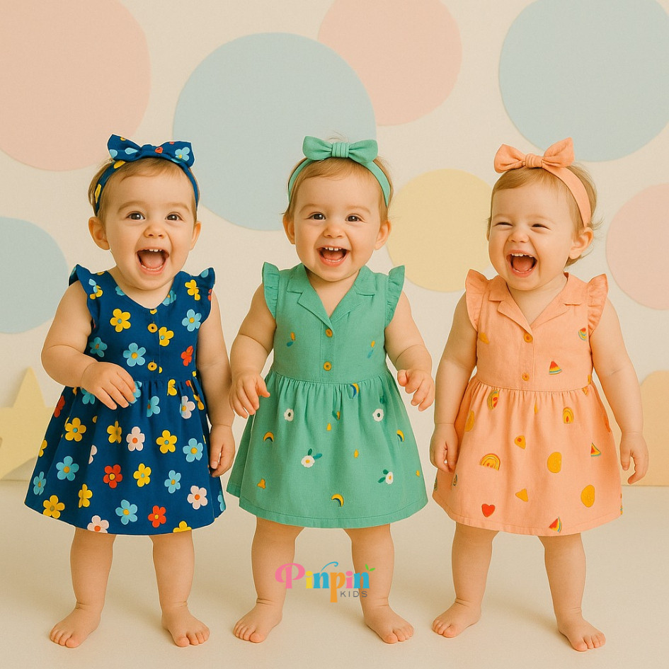 Pinpin Kids - ชุดเดรสเด็ก NEWBORN ใหม่พร้อมผ้าพันคอฟรี / ชุดเดรสบ้านสําหรับเด็กผู้หญิงพร้อมแขนระบาย