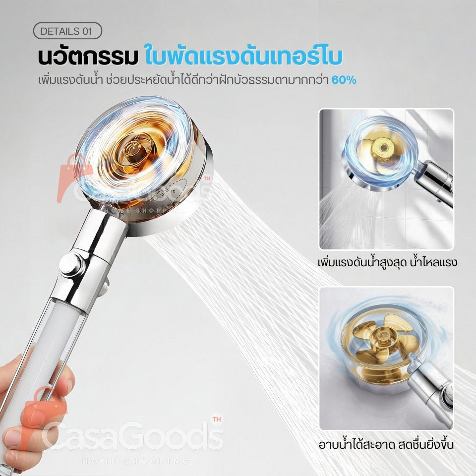 (ใหม่)ฝักบัวกรองน้ำเกาหลี มีใบพัดแรงดันสูง หมุนได้ 360° แถมฟรีไส้กรองฝักบัว ฝักบัวขนาดใหญ่ สปาผิว Seoul Stone Pure Rain - รูปที่ 4