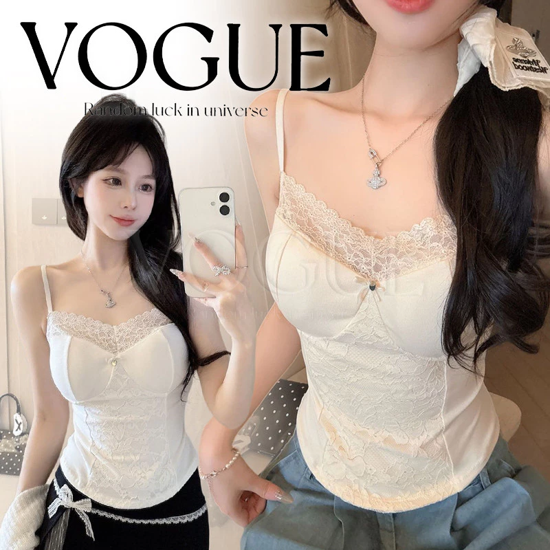 Vogue🌟พร้อมส่ง🌟 เสื้อสายเดี่ยว คอวีขอบลูกไม้ มีฟองน้ำ แต่งโบว์เรียบๆ ทรงสวย ใส่สบาย (FY10184)
