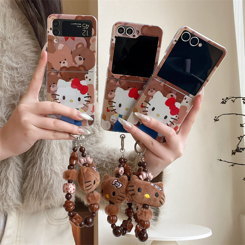 หมีน่ารัก Hello Kitty สร้อยข้อมือเคสโทรศัพท์สําหรับ Samsung Galaxy Z Flip 7 FE 6 4 5 3 สองชั้นฝาครอบ