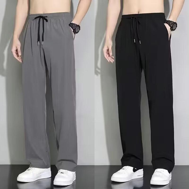 กางเกงหลวมผ้าไหมน้ำแข็งสำหรับชาย ฤดูร้อน สไตล์Streetwear สีดำและสีเทา