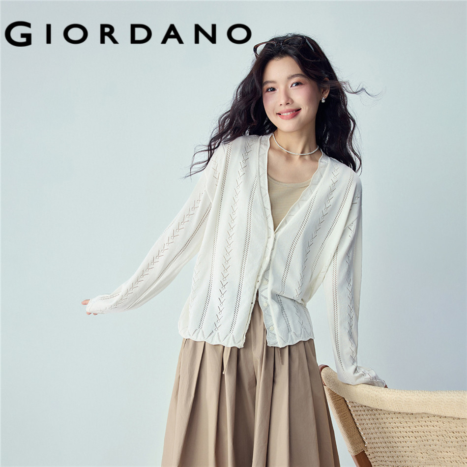 GIORDANO WOMEN Wave trim hollow out v-neck cardigan 13356217