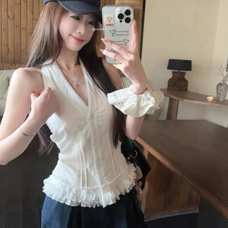 Pure Desire ลูกไม้สีขาว Halter Top ฤดูร้อนสไตล์เกาหลีหวานเผ็ดเฉพาะ Camisole