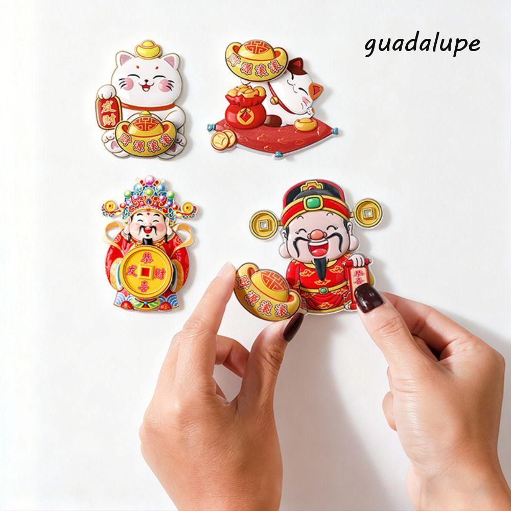 GUADALUPE ปีใหม่สติกเกอร์แม่เหล็ก, God of Wealth การ์ตูน 3D แม่เหล็กติดตู้เย็น, ตลก Maneki Neko นําก