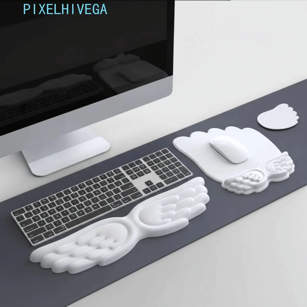 PIXELHIVEGA แผ่นรองเมาส์ตามหลักสรีรศาสตร์, ที่วางข้อมือ Wing Design Mouse แผ่นพยุงข้อมือ, ทนทานช้า Rebound Soft PU ฐานกันลื่นคีย์บอร์ดรองมือ