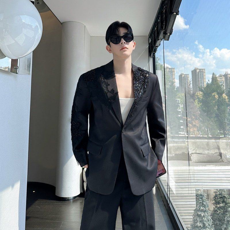 Robin [Black White Forest] Blazer ยุโรปอเมริกัน ins คนดัง High-End Sequined Blazer ชาย Ruffian หล่อป